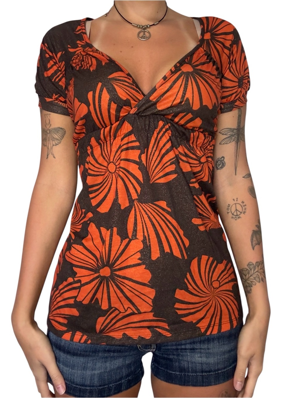 Weavers Orange and Brown with gold sparkles Short Sleeve babydoll top